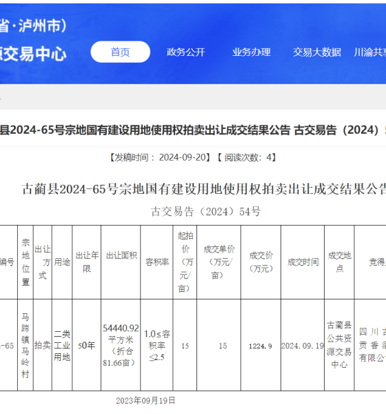 贡香酒业成功竞得古蔺县马蹄镇一宗国有建设用地缩略图